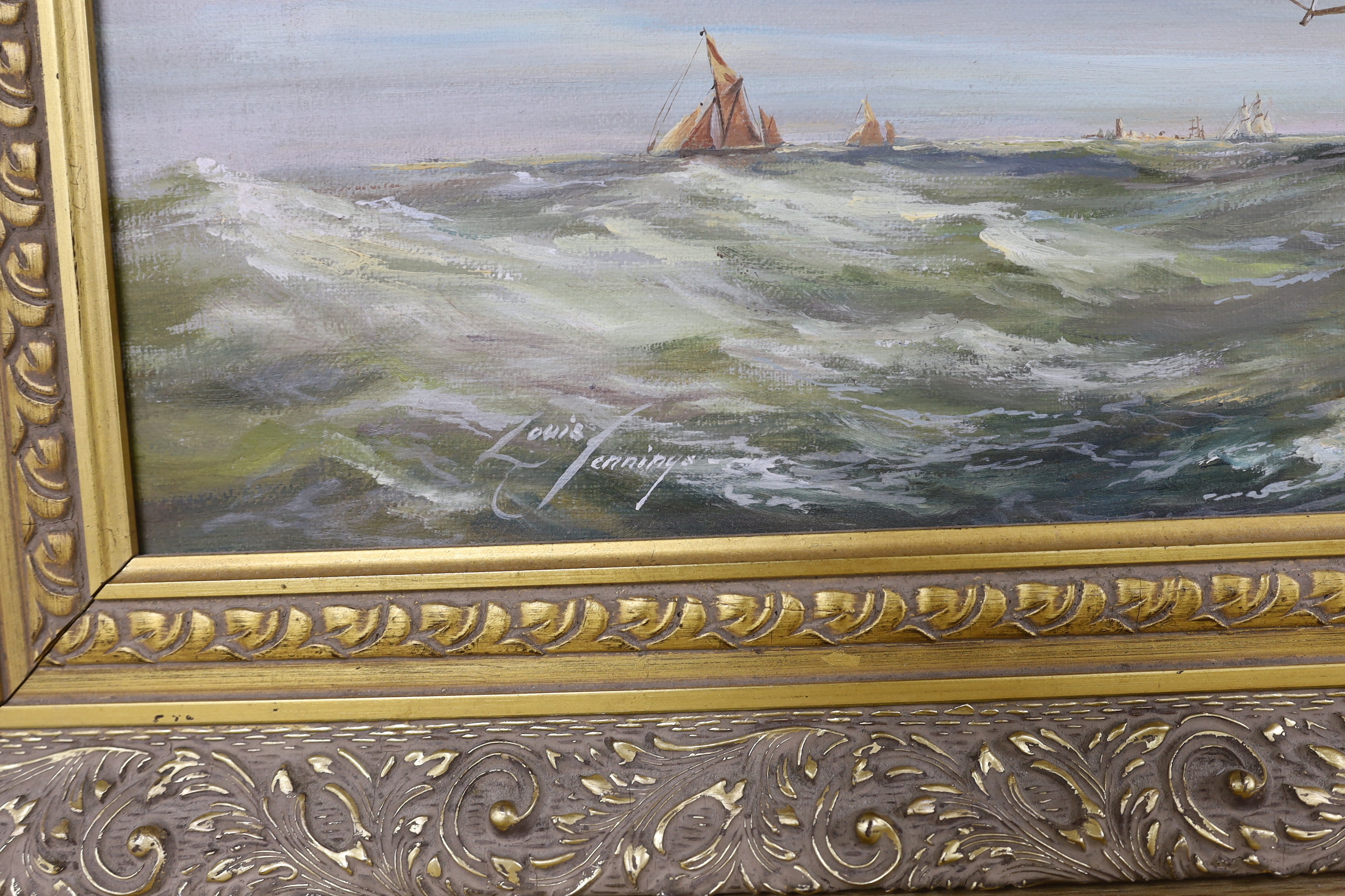 Louis Jennings (1919-2018), Maritime oil on canvas, Naval ships at sea, signed, 49 x 75cm